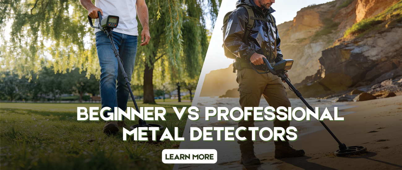 Side-by-side image comparing a beginner and a professional metal detector user, each standing outdoors and scanning the ground with a metal detector in different environments.