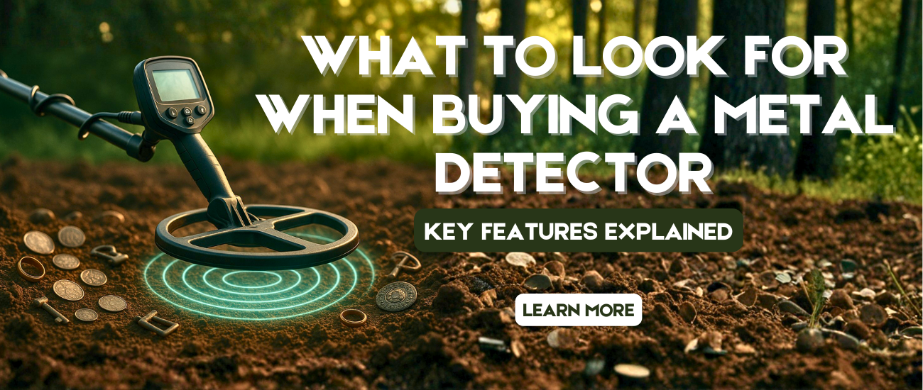 Metal detector scanning the ground with visible detection signals, surrounded by soil and buried coins, illustrating key features to consider when buying a metal detector.